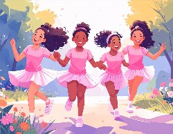 4 girls in pink shirts and tutus running